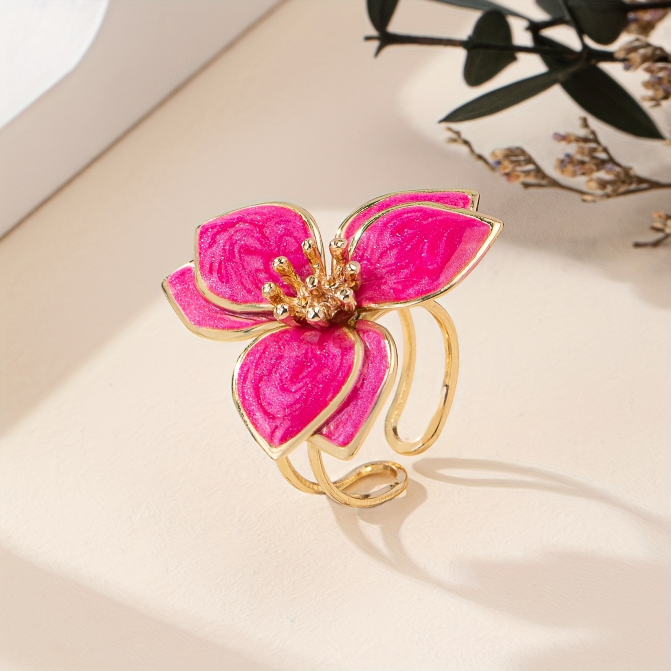 Enamel Flower Ring Green Marble Golden Tone Metal Open Ring